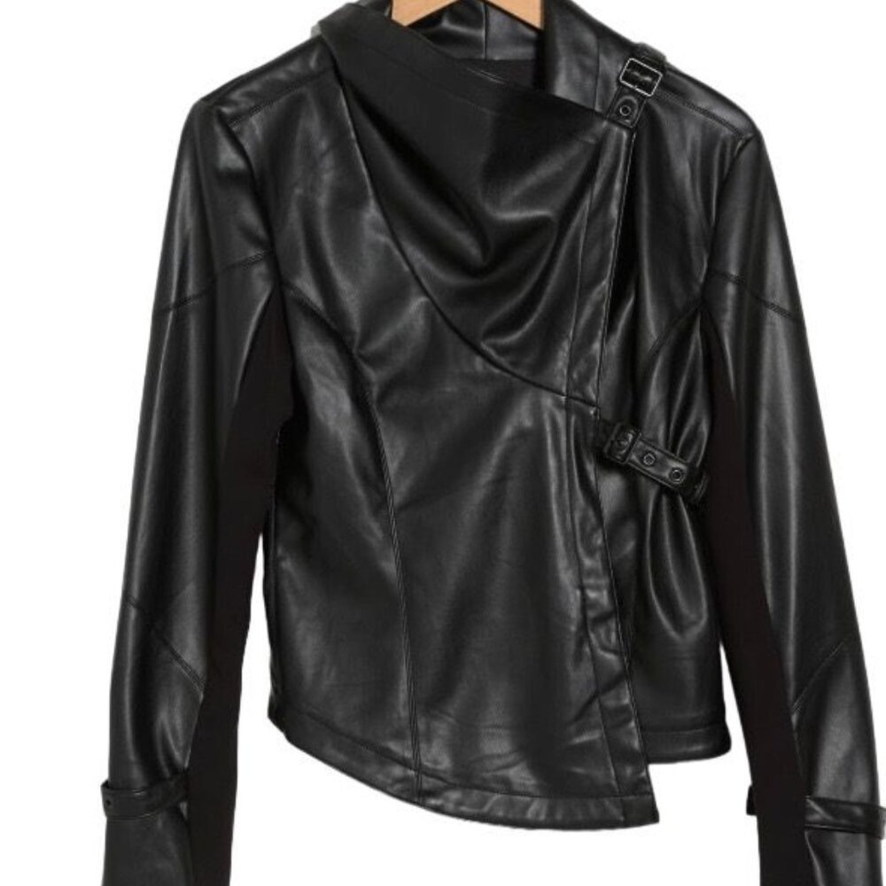 Ookie & Lala Womens Drape Moto Faux Leather Ponte Jacket Black Size S